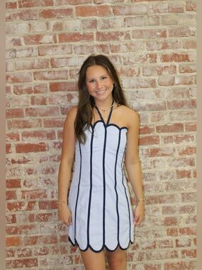 TCEC Blue Contrast Piping Detail Halter Neck Mini Dress